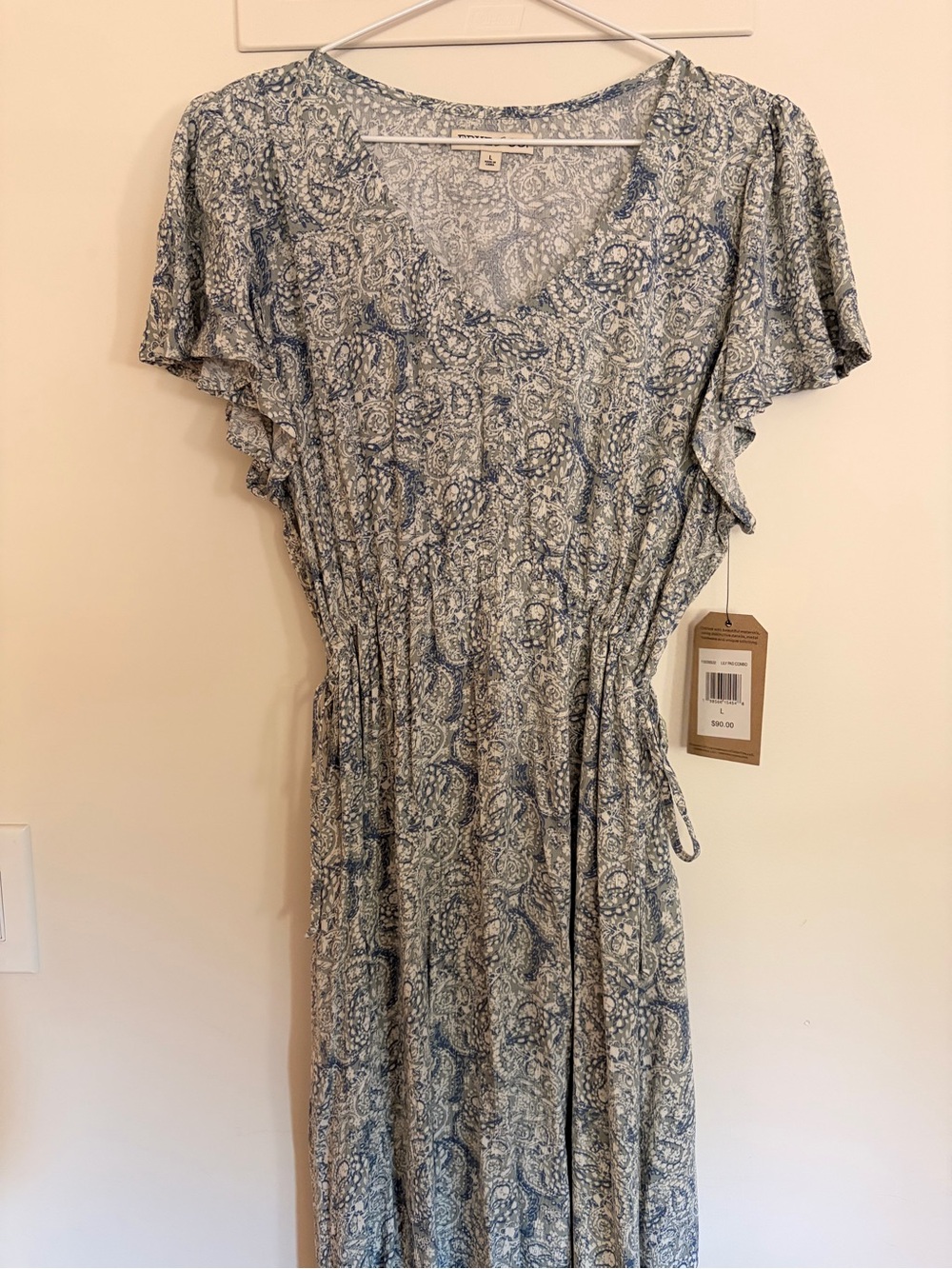 Frye & Co Blue and Cream Paisley V-Neck Maxi Dress Women's L NWT